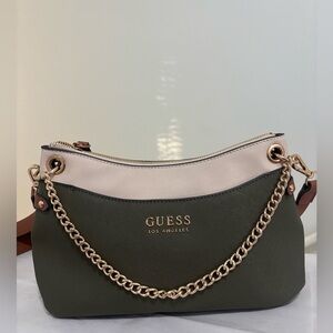 GUESS Cream and Dark Green Chain Shoulder Bag